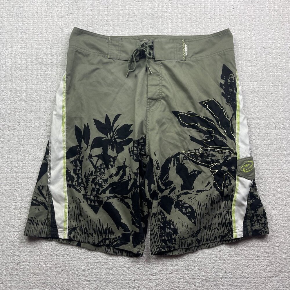 Y2K Ocean Core  Board Shorts Men 36 Green Hawaiian Floral Palm tree AOP Swim